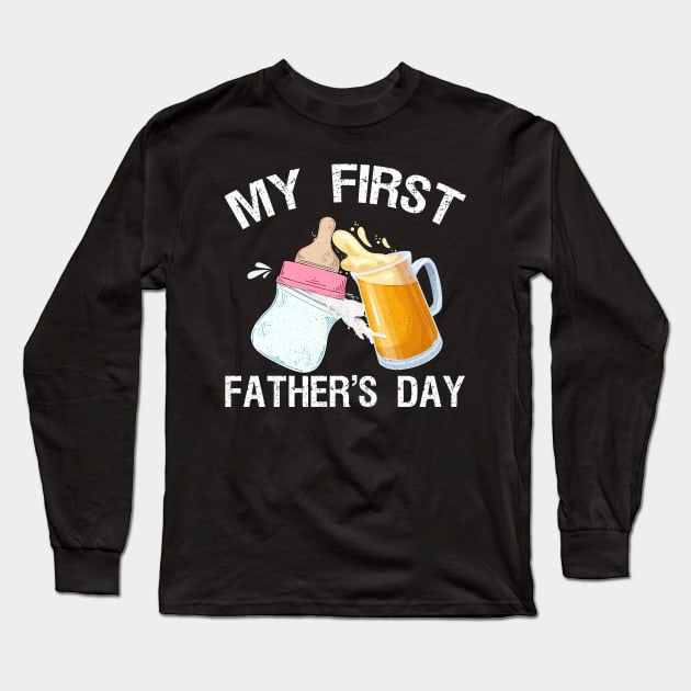 Mens My First Father's Day Present Beer Baby Bottle New Daddy Long Sleeve T-Shirt by drag is art